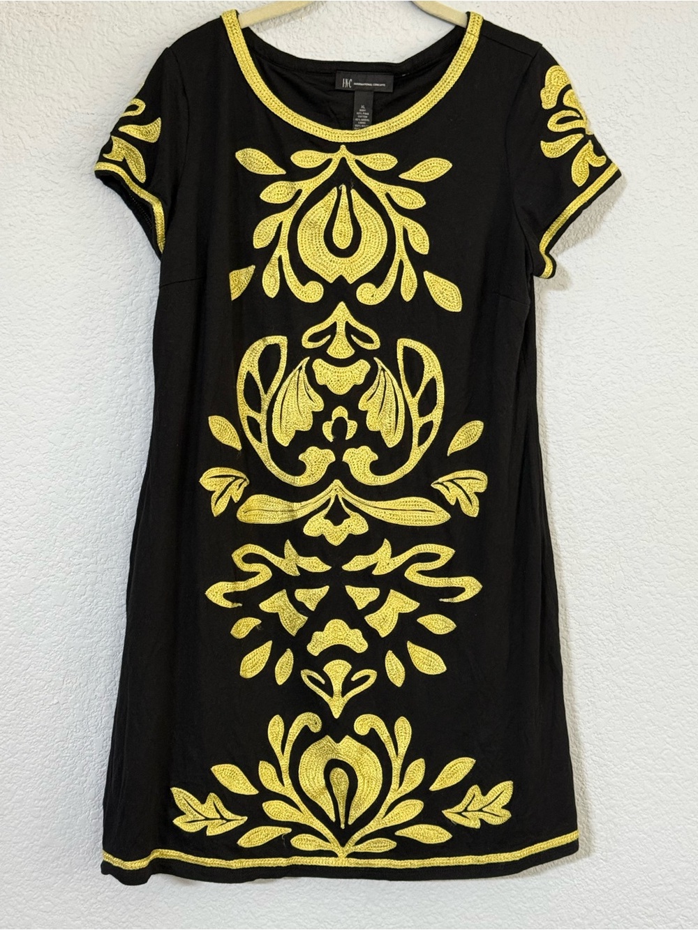 INC International Concepts Black Midi Dress with Yellow Embroidered Motif XL